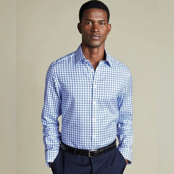 Charles Tyrwhitt Blue and White Check Dress Shirt - Picture 1 of 7